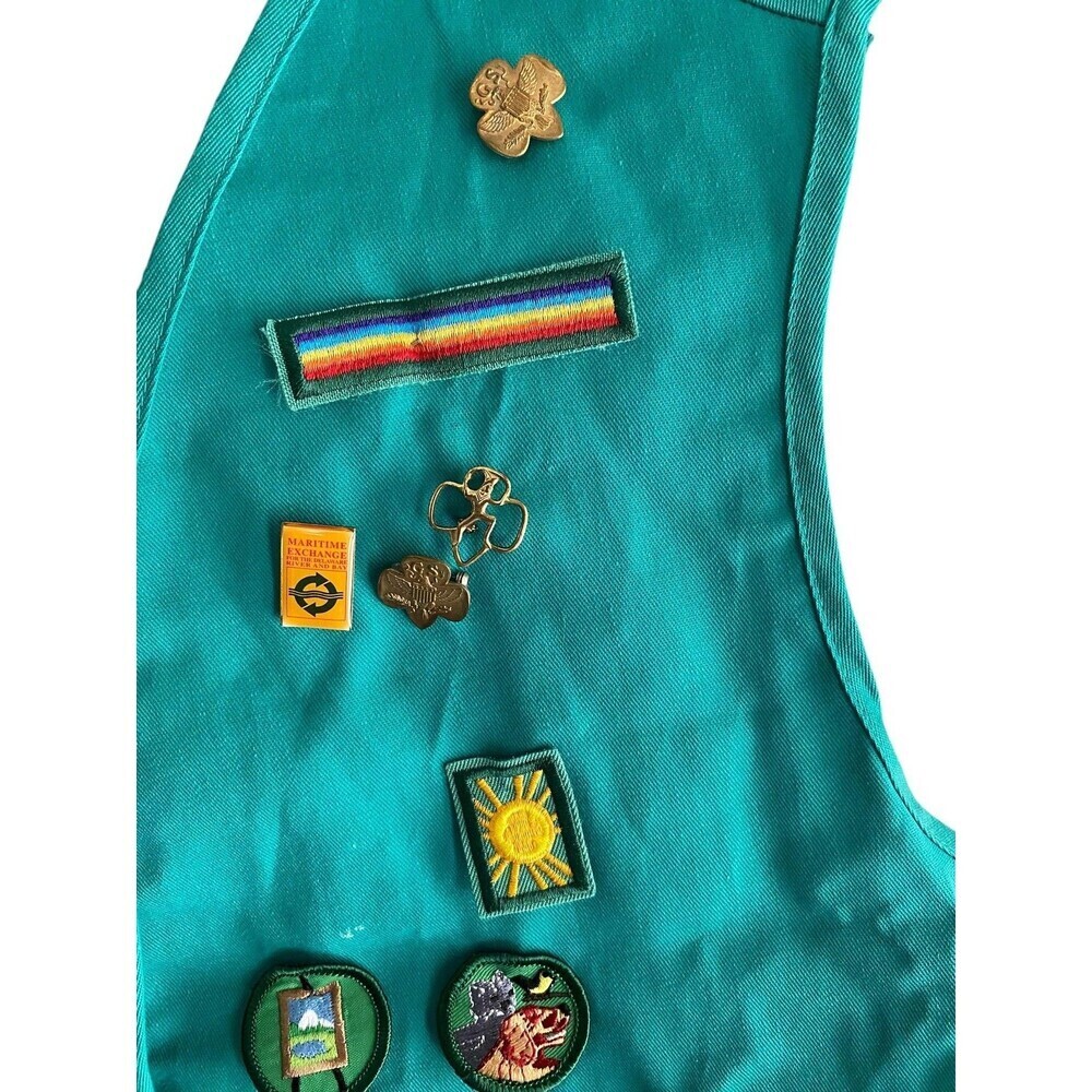 Vintage Girl Scouts Vest Girls Large Teal Green Uniform Patches Badges 90s - Picture 2 of 8